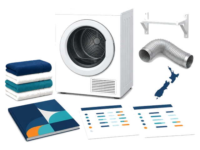 Vented tumble dryer and vent hose with New Zealand market research documents.