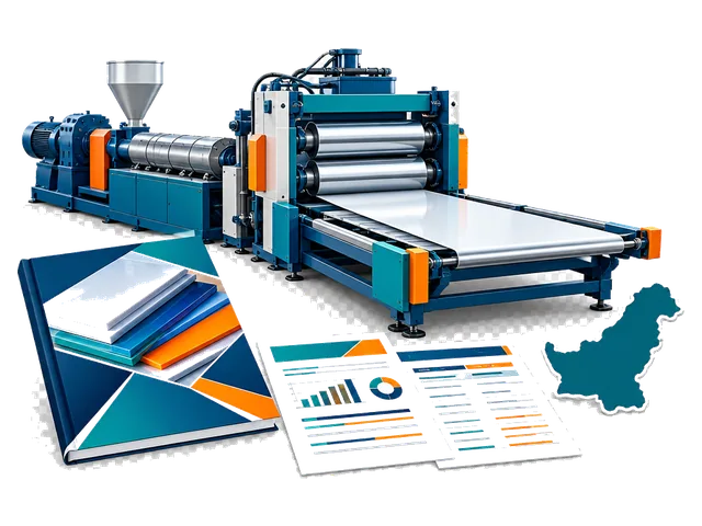 Plastic sheet extrusion line with Pakistan market research documents.