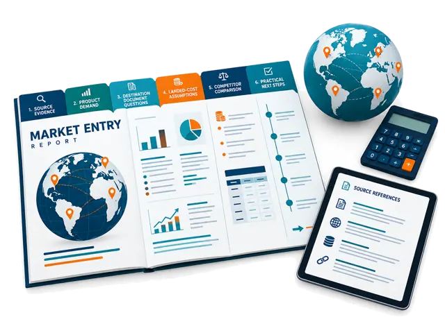Market research booklet with cost comparisons and source-review documents.