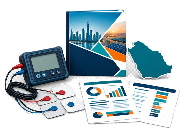TENS- und EMS-Steuergerät mit Elektrodenpads und Saudi-Marktforschungsdokumenten.