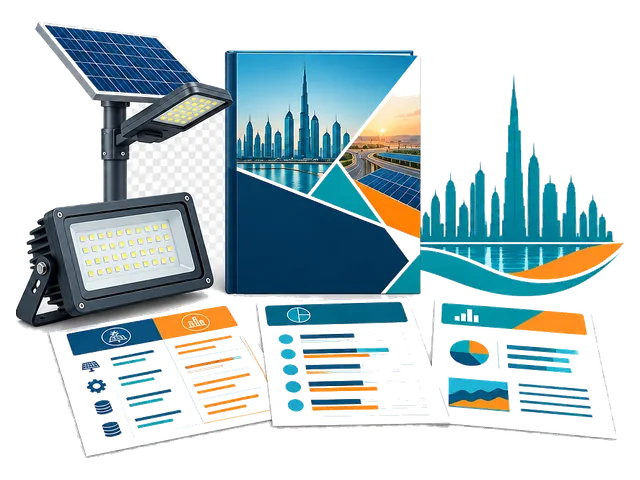 Panneau LED et lampe solaire de rue avec documents de recherche de marché pour les Émirats arabes unis.