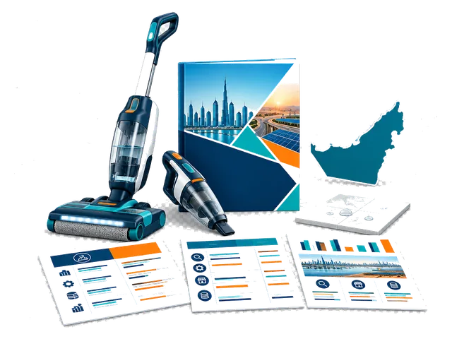 Wet-dry vacuum and handheld attachment with UAE market research documents.