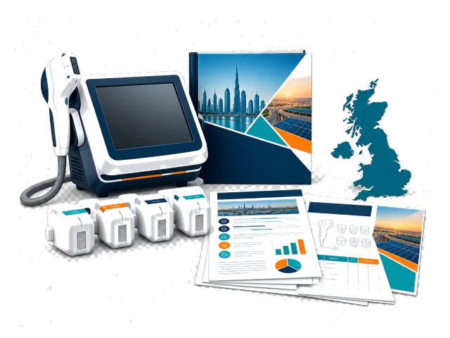 Professional HIFU machine and cartridges with UK market research documents.