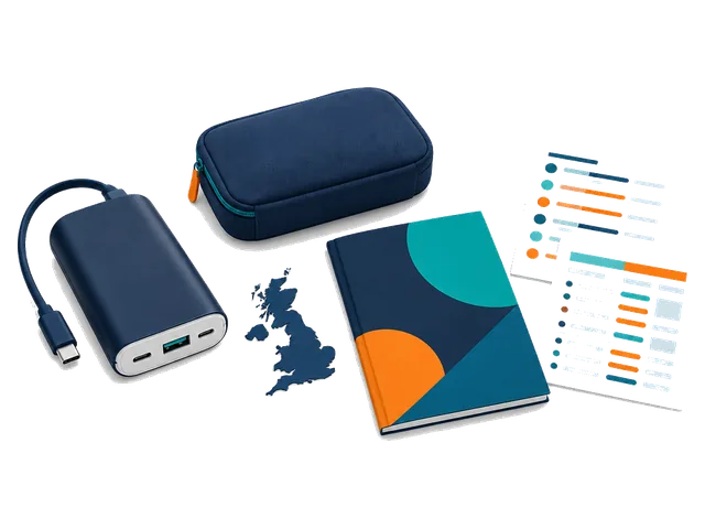 Travel power bank and pouch with UK market research documents.