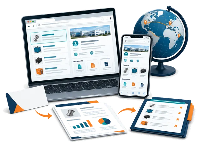 Laptop and phone browsers beside a supplier card, reports and destination globe.
