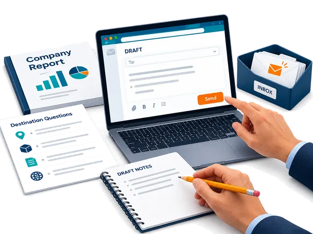 Buyer edits an unsent email draft with source reports and an inbox nearby.