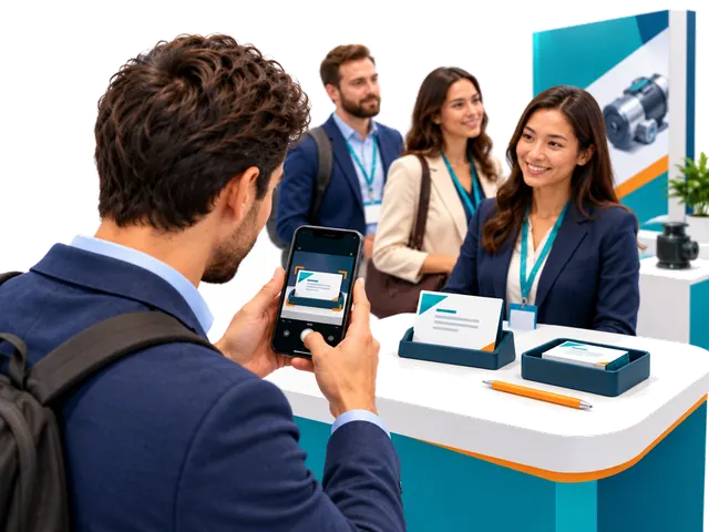 Buyer photographs one business card while visitors wait at a supplier booth.