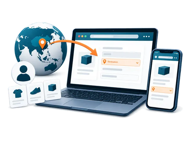 Browser setup form with a buyer profile, product cards and one destination pin.