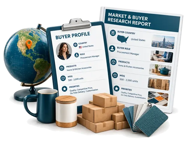 Buyer destination, products, order size and priorities guiding relevant supplier research.