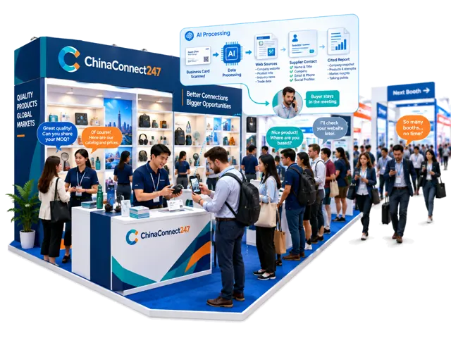 A buyer scans a supplier card at a crowded product booth amid queues and competing conversations, while AI organizes the contact and gathers public evidence in the background.