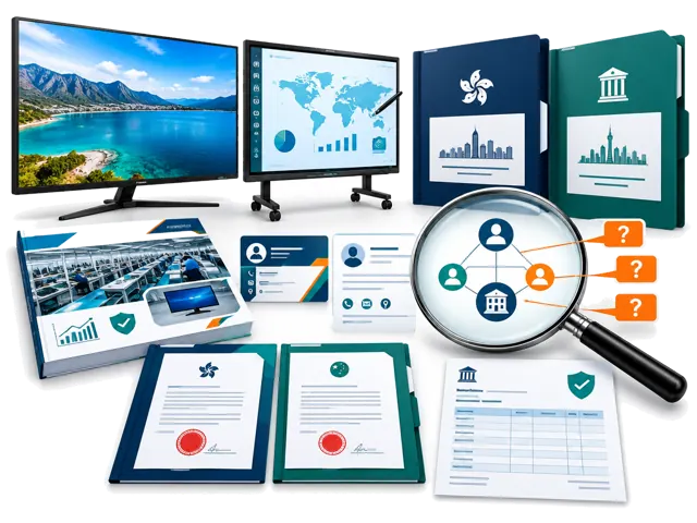 Conceptual illustration of display products with company evidence and contact-authority review, distinguishing Hong Kong and mainland contracting and payment entities for an Australian buyer.