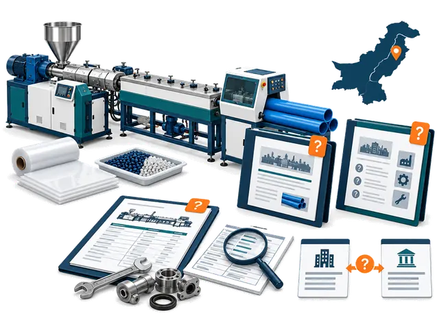 Conceptual illustration of plastic pipe extrusion equipment, sheet and pellet products, separate company and risk dossiers, and Pakistan/Punjab technical and after-sales questions. Legal seller, contact authority and bank-beneficiary checks remain unresolved; manufacturing evidence does not establish buyer fit or payment readiness.