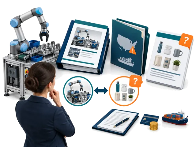 Conceptual illustration comparing an industrial robot manufacturer with a consumer retail brief: strong company evidence does not establish buyer fit. US export contact and payment checks remain.