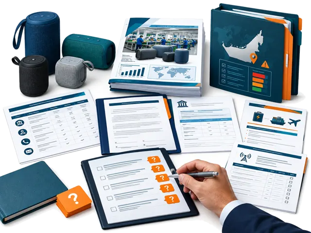 Conceptual illustration of portable speakers with manufacturing evidence and unresolved contact authority, contracting entity, battery and UAE model-specific compliance questions.