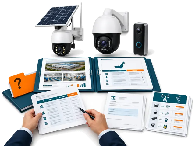 Conceptual illustration of security cameras with company evidence, legal entity comparison and UAE model-specific document and payment checks before a trial order.