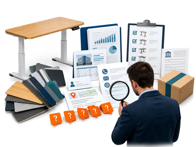 Conceptual illustration of a standing desk with OEM evidence, business-card and public address comparisons, contact and bank-beneficiary checks and model-specific Mexico document requests before samples.