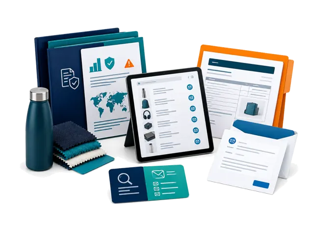 Conceptual illustration of Active Buyer: Research up to 50 companies, discover additional products, and identify suppliers worth contacting. Or investigate 25 suppliers with both Company Research and Risk & Compliance reports. Includes 50 direct supplier emails. App research access is separate from managed sourcing services.