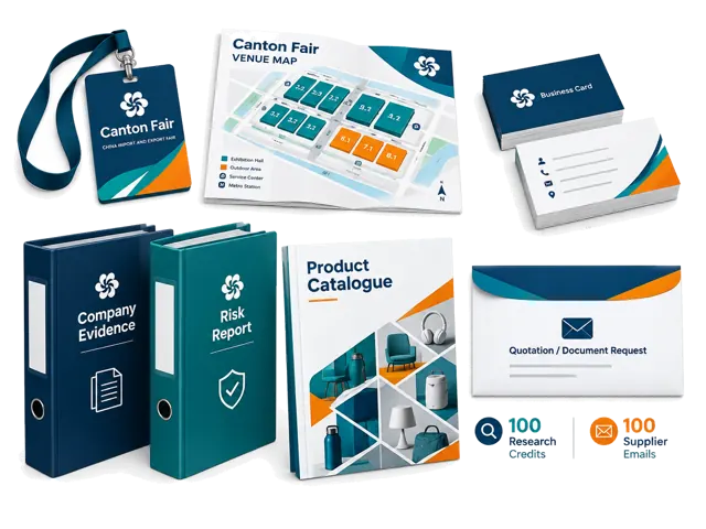 Conceptual illustration of Canton Fair Pro: Research up to 100 companies and discover more of what they sell. Or investigate 50 suppliers with both Company Research and Risk & Compliance reports. Includes 100 direct supplier emails to request quotations, catalogs, samples, and additional documents. App research access is separate from managed sourcing services.