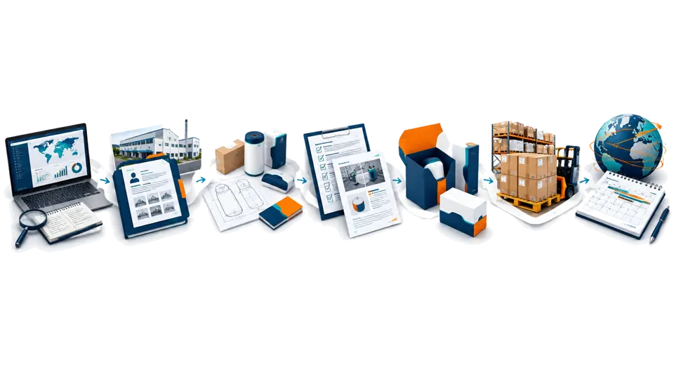 Conceptual illustration of a connected route through market and competitor research, supplier checks, samples, compliance coordination, inspections, marketplace preparation, fulfilment, replenishment and expansion. Work depends on the agreed scope.