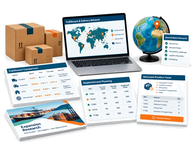 Conceptual illustration of fulfilment-route comparison, inventory and replenishment plans, returns and defect processes and research for new markets.