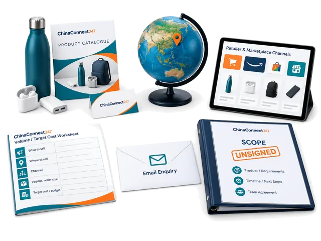 Conceptual illustration of product and supplier materials, target destination, sales channel, approximate order volume and commercial assumptions used to discuss a written scope and next steps.