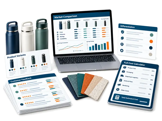 Conceptual illustration of competitor comparisons, customer feedback, product differentiation and full commercial cost assumptions before inventory commitments.