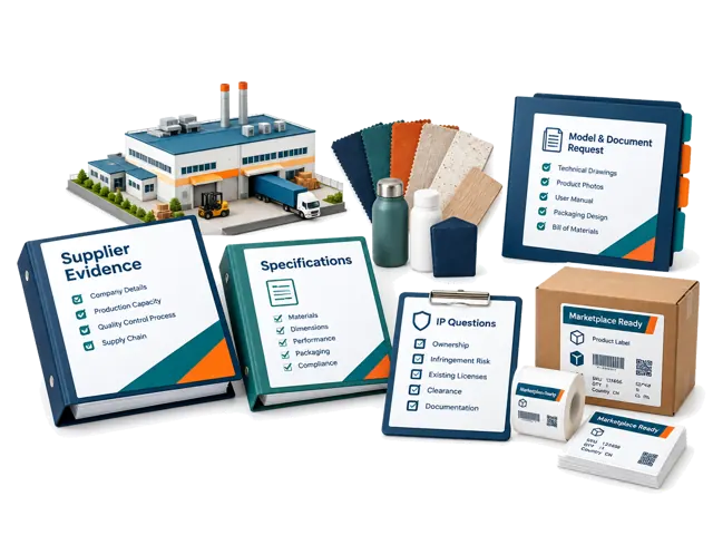 Conceptual illustration of supplier evidence, specifications, samples, model-document questions, intellectual-property checks and marketplace preparation.