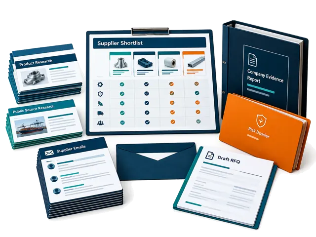 Conceptual illustration of Sourcing Builder: Research up to 40 companies, explore their products, and investigate available business information. Or investigate 20 suppliers with both Company Research and Risk & Compliance reports. Includes 40 direct supplier emails. App research access is separate from managed sourcing services.
