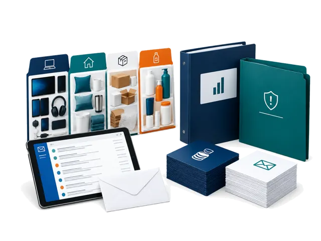 Conceptual illustration of Sourcing Professional: Research up to 150 companies and explore their available products. Or investigate 75 suppliers with both Company Research and Risk & Compliance reports. Includes 150 direct supplier emails. App research access is separate from managed sourcing services.