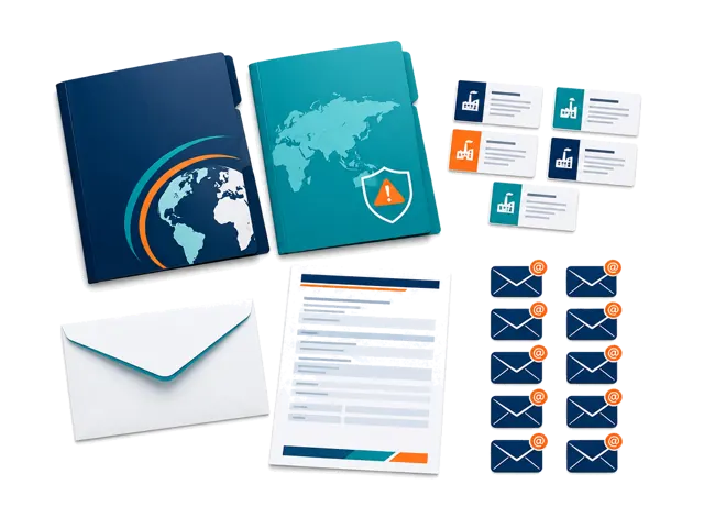 Conceptual illustration of Starter: Research up to 10 companies and discover their available products, or investigate 5 suppliers with both Company Research and Risk & Compliance reports. Includes 10 direct supplier emails to request quotations, catalogs, samples, or additional information. App research access is separate from managed sourcing services.
