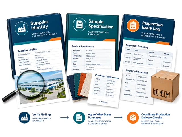 Conceptual illustration of supplier identity review, product and sample agreement, production evidence, corrective actions and shipping-document coordination.