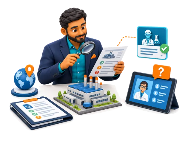 A stylized 3D sourcing coordinator illustrates this service: Tell us where you plan to sell the product. We can help identify the documents and questions that may apply, collect evidence from the supplier, check whether certificates match the company and model, and coordinate further review with qualified testing or regulatory specialists.