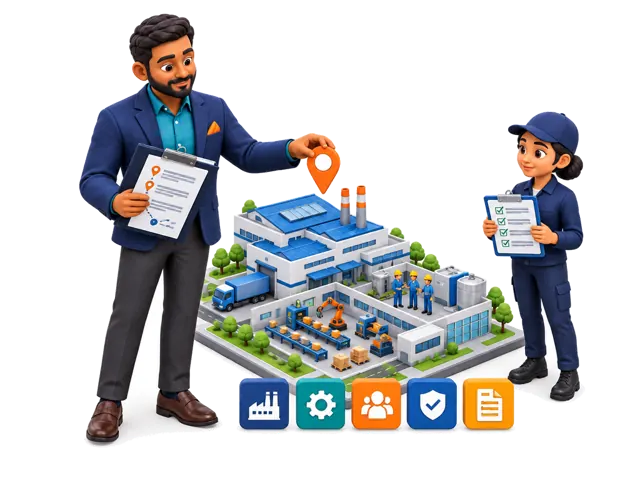 A stylized 3D sourcing coordinator illustrates this service: When online information is not enough, we can help arrange an on-site visit to confirm the location, facilities, production activity, equipment, staffing, quality procedures, and whether the supplier appears capable of producing your order.