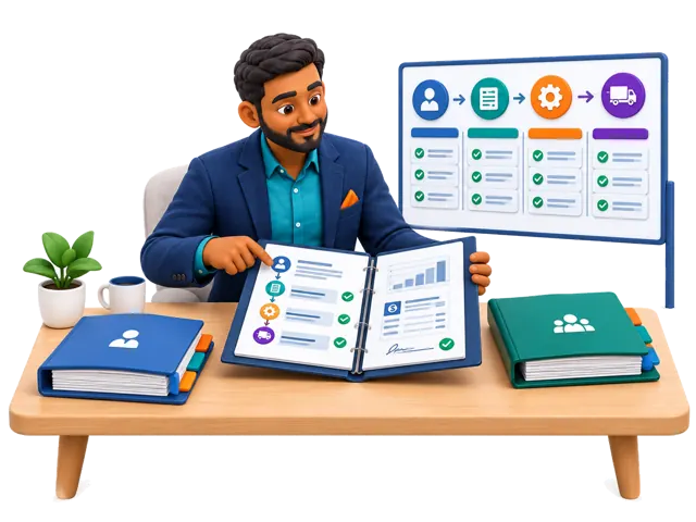 Un coordinateur 3D conceptuel examine la prise en charge, le périmètre écrit, les preuves du fournisseur, les mises à jour des jalons et les devis séparés des prestataires. Le personnage illustré n'est pas un portrait du responsable de projet nommé.