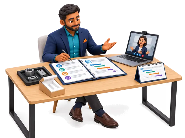 A stylized 3D sourcing coordinator illustrates this service: We can support communication about pricing, MOQs, payment milestones, tooling ownership, lead times, warranties, replacement terms, packaging, and acceptable substitutions—so important points are documented before an order is placed.