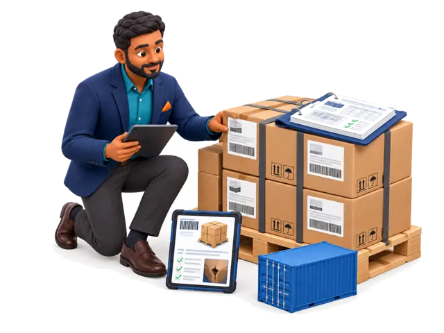A stylized 3D sourcing coordinator illustrates this service: We can help check cartons, labels, barcodes, manuals, palletization, container-loading requirements, commercial documents, shipment progress, quantities, and visible damage evidence.