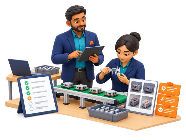 A stylized 3D sourcing coordinator illustrates this service: We can follow production progress, request evidence at agreed stages, coordinate factory inspections and product testing, document defects, track corrective actions, and help confirm whether identified problems have been addressed before shipment.