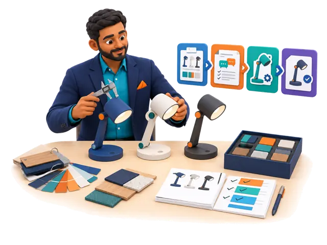 A stylized 3D sourcing coordinator illustrates this service: We can coordinate sample orders, consolidate feedback, document requested changes, compare sample versions, follow corrections, and help establish an approved reference before mass production begins.