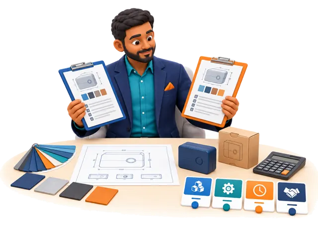 A stylized 3D sourcing coordinator illustrates this service: We help turn booth conversations, catalogues, samples, and messages into a clearer product specification. We can also organize quotations and compare pricing, materials, components, MOQs, tooling, packaging, lead times, and commercial terms.