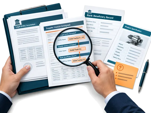 Review contracting entity, invoice, bank beneficiary, product scope, documents and unresolved risks before the buyer decides whether to pay.