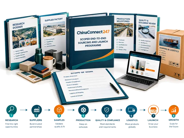 A scoped programme coordinates research, suppliers, samples, production, quality, compliance, logistics, marketplace preparation and growth support.