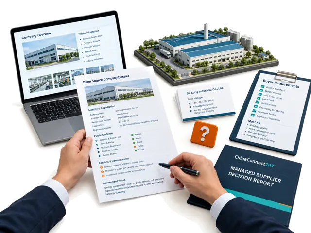 Human-managed review of supplier identity, public evidence, conflicting claims, buyer fit and the next checks.