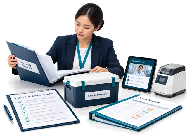 Coordinate document review, laboratory quotations, sample movement, issue tracking and specialist evidence; this is not certification issuance.