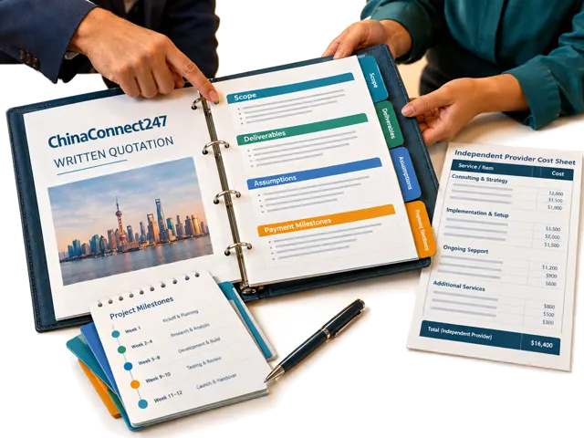 Each quotation identifies scope, deliverables, assumptions, payment schedule and whether independent-provider charges are included or separate.