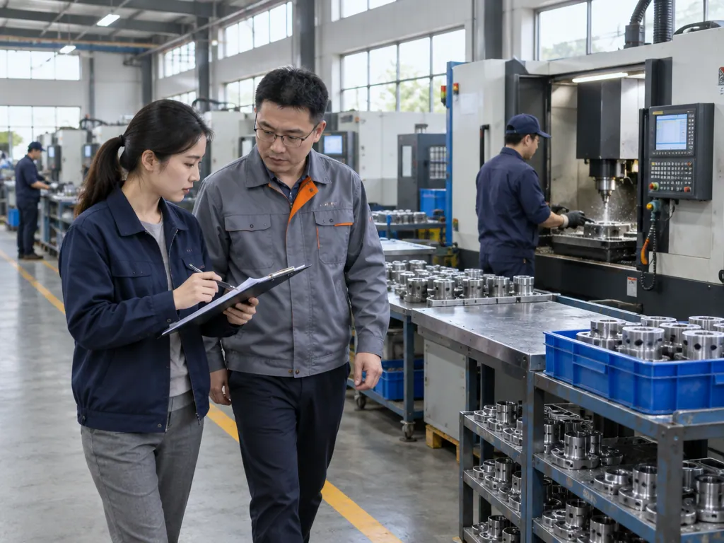 Een coördinator bekijkt samen met een vertegenwoordiger een productielijn in de fabriek en gebruikt daarbij een checklist voor het bezoek