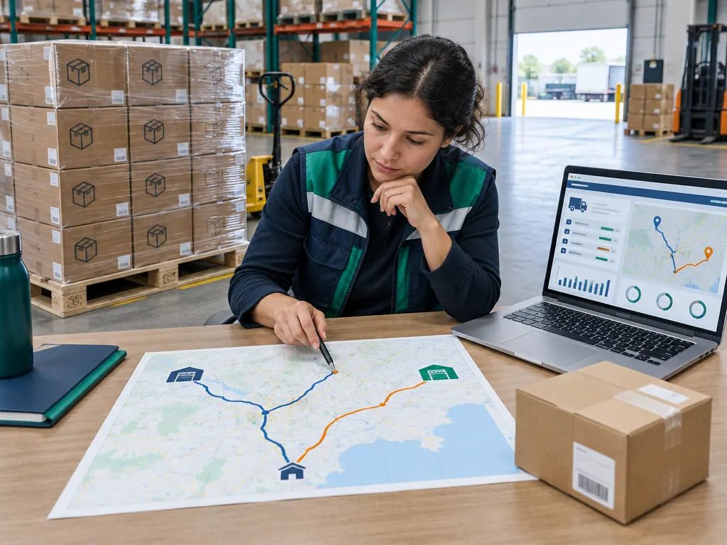 Een coördinator vergelijkt routes voor directe levering en via een magazijn voor verpakte goederen