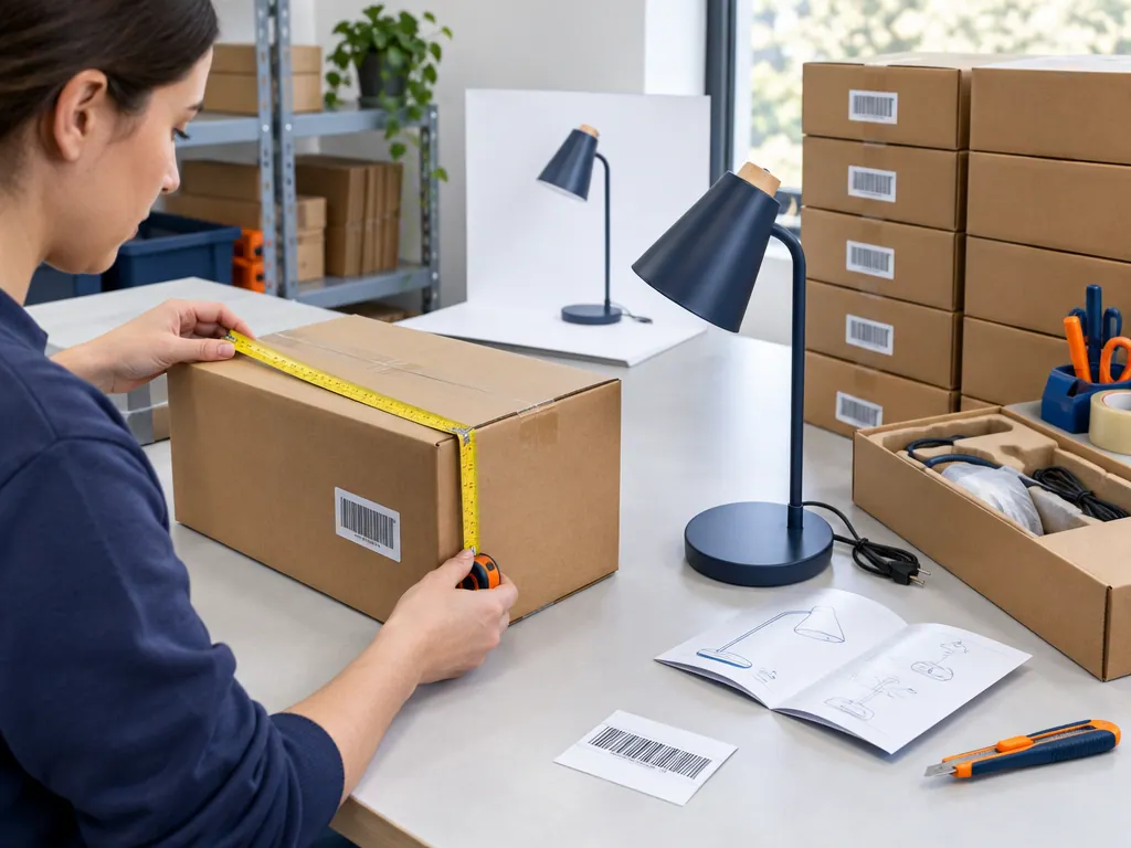 Een medewerker meet een productdoos op naast etiketten, instructies en een productmonster