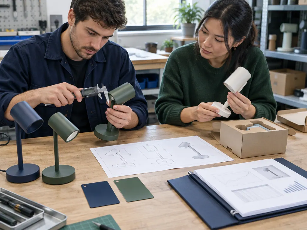 Het productteam meet lampmonsters op aan de hand van technische tekeningen en verpakkingen