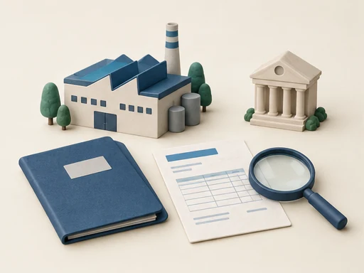 Conceptual illustration of a factory, identity folder, invoice and magnifying lens beside a neutral bank building.