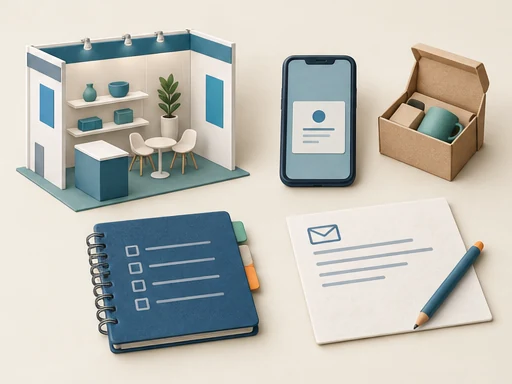 Conceptual illustration of an exhibition booth, smartphone card capture, notebook, sample carton and an unsent draft message.